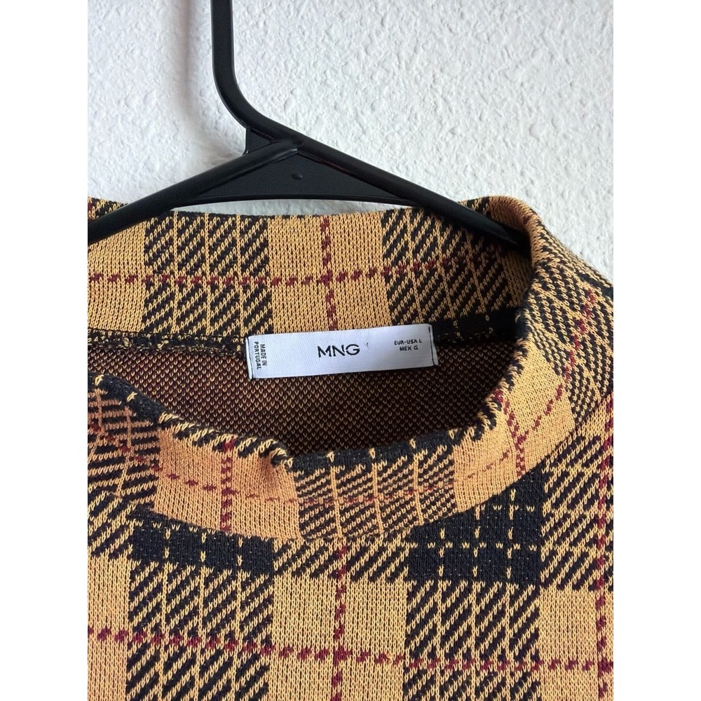 Mango MNG Yellow Black Plaid Mock Neck Long Sleeve Knit Crop Top Large - Picture 3 of 4